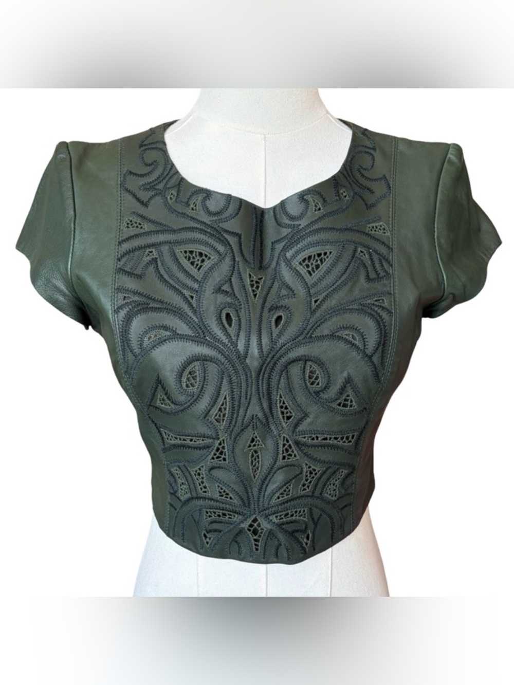EUC Parker Women Dark Green Leather Short Sleeve Crop Top XS